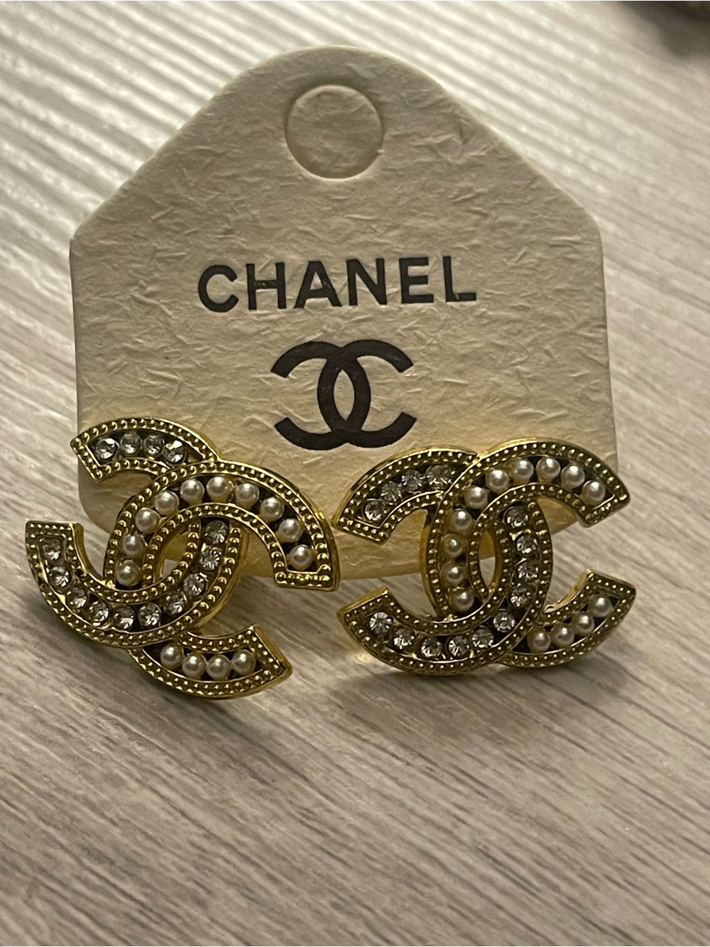 Gold Tone Pearl & Crystal Interlocking Push Back Earrings